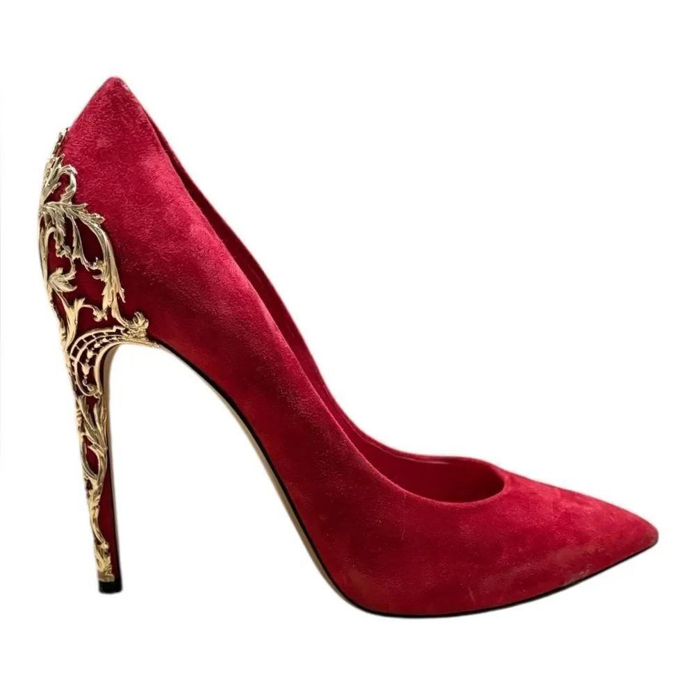 Casadei Red Suede Heels with Gold Detail